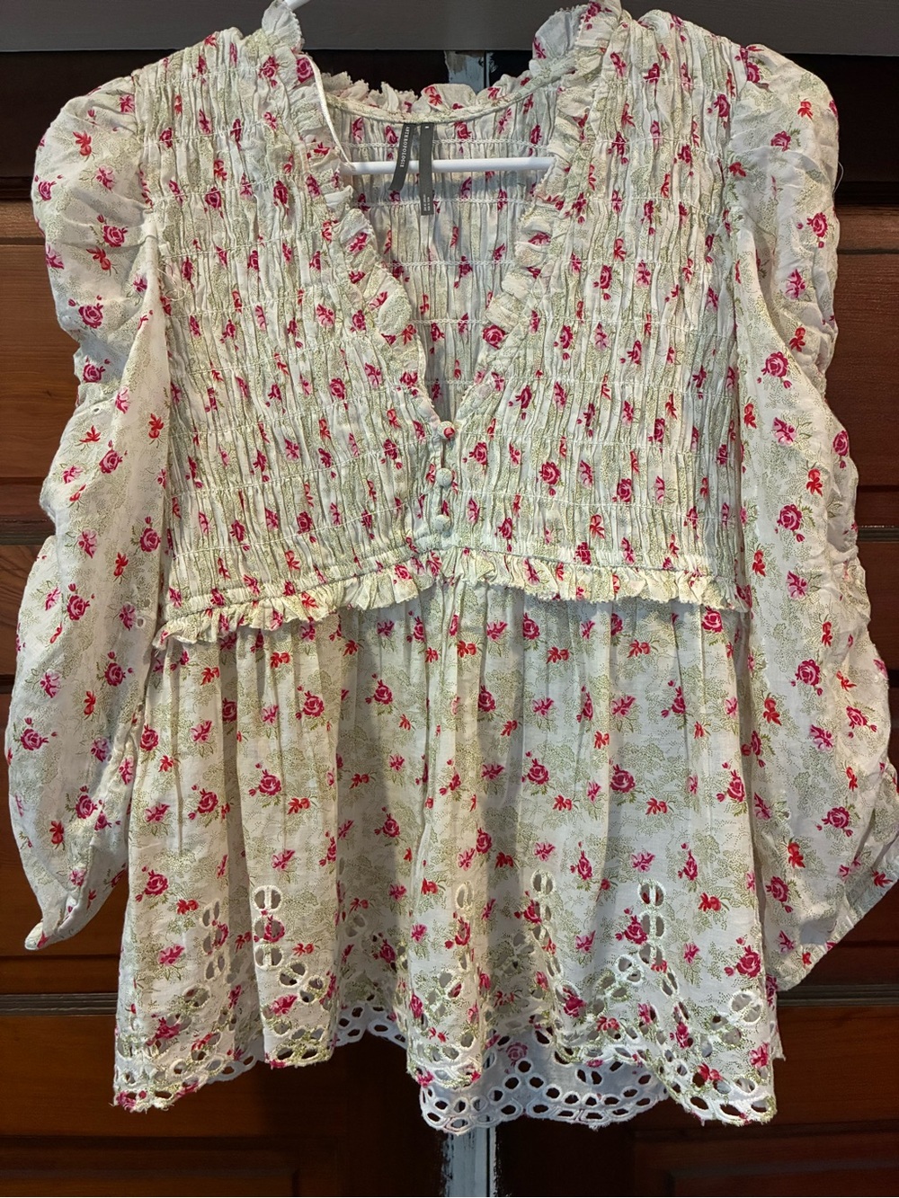 Anthropologie Floral Smocked Peplum Blouse Eyelet Puff Sleeve Top Medium
